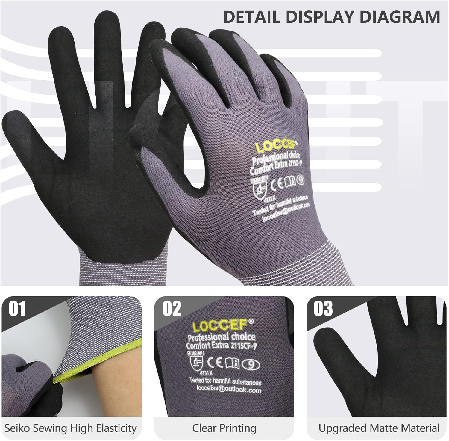 LOCCEF Work Gloves MicroFoam Nitrile Coated-6 Pairs,Seamless Knit Nylon Gloves,Gray Work gloves - Image 2